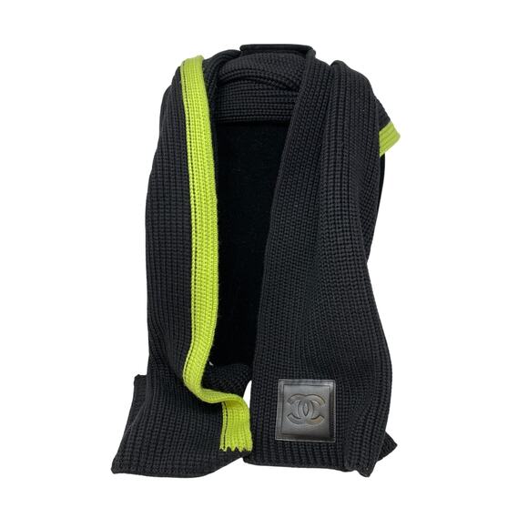 Chanel Chunky Sport Scarf Wool Silk Cashmere Black + Fluorescent Green - Picture 5 of 7